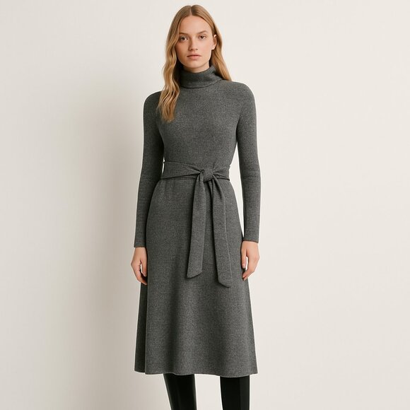 ZARA Gray Turtleneck Long Sleeve Belted Knit Midi Dress Size S - Picture 9 of 9